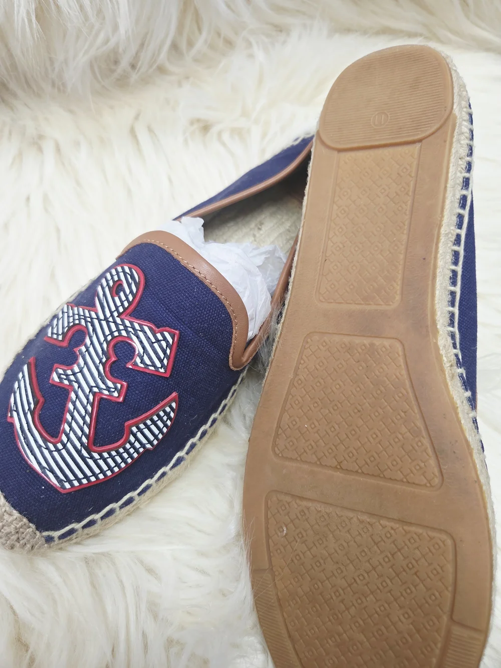 Tory Burch Navy Espadrilles with Red Embroidered Nautical Motifs